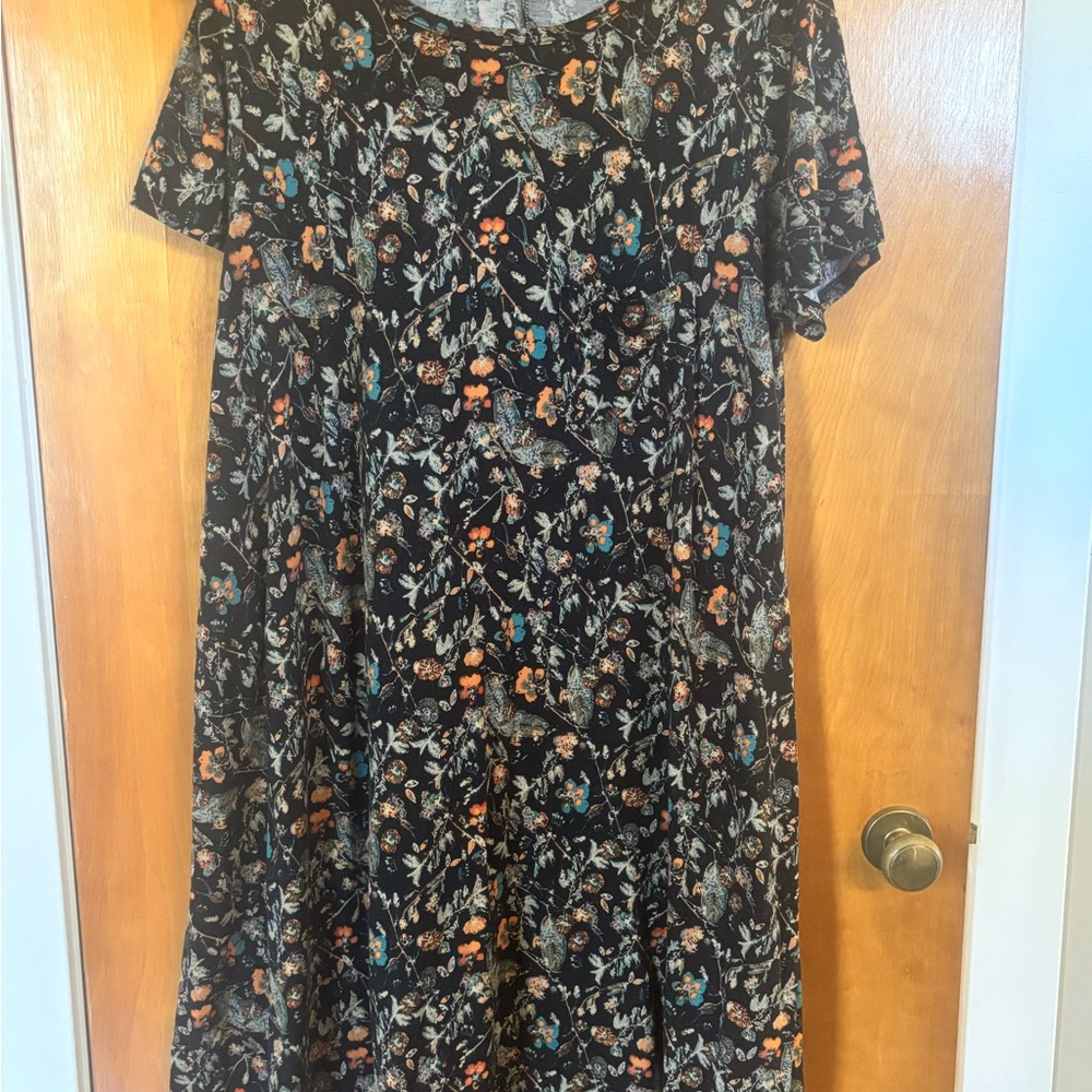 LuLaRoe Carly Swing Dress XL Floral Short Sleeve orange and blue accent colors